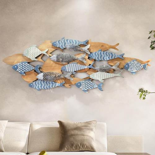 北欧原木客厅沙发背景墙装饰挂件侘寂风创意鱼群卧室餐厅墙面壁挂