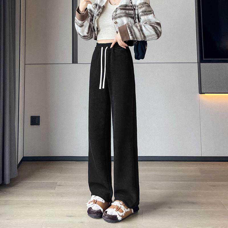 冬季羊羔绒宽松弹力大码直筒灯芯绒阔腿裤女加长版高个子条绒休闲