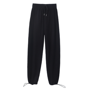 运动裤女秋冬2024年新款抽绳初中生阔腿裤束脚黑色直筒加绒卫裤子