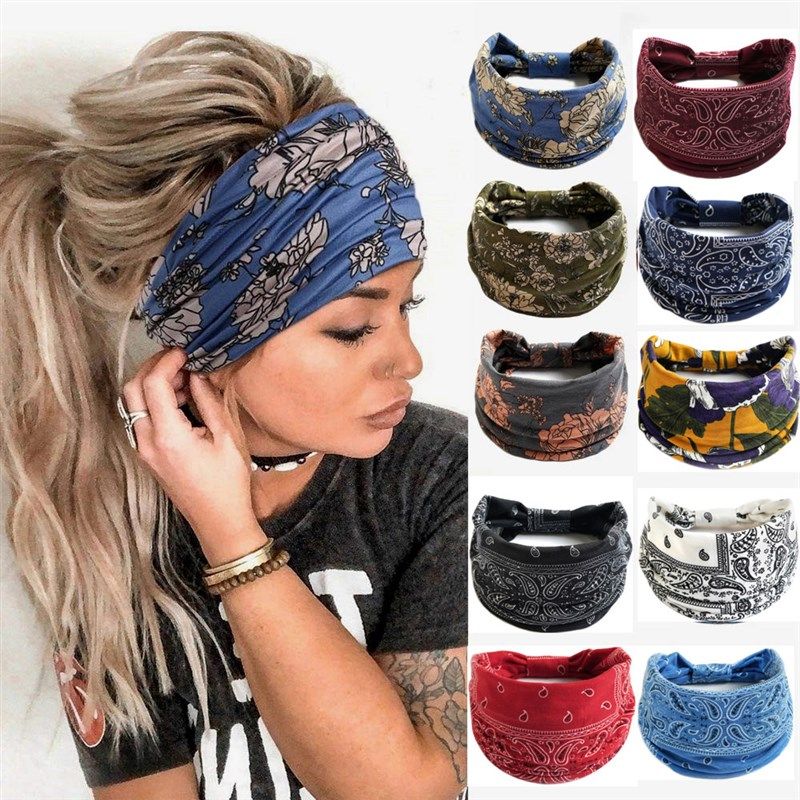 Boho Flower Print Wide Headbands Vintage Knot Elastic Turban