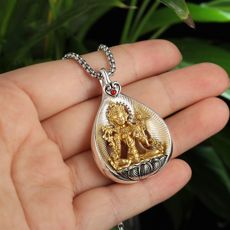 藏式纯铜绿度母佛像吊坠纯银复古民族风项链菩提心叶随身挂件配饰