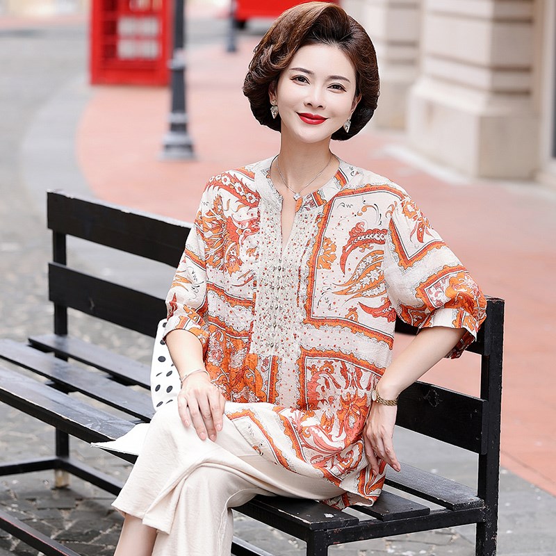 妈妈装夏款短袖T恤中年女装雪纺上衣2024新款中老年洋气大码衬衫
