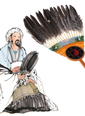 Ancient Chinese Zhuge Liang Black Feather Hand Fan Bamboo