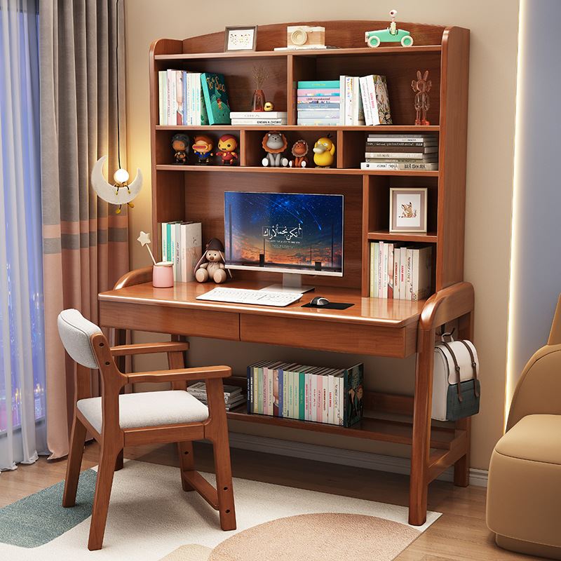 实木书桌现代简约书架一体中小学生家用书房课桌椅儿童升降学习桌