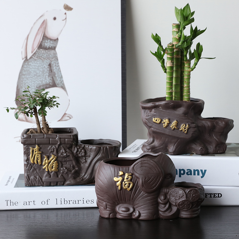 紫砂双口花盆发财树文竹小绿植物多口搭配个性连体福袋花盆