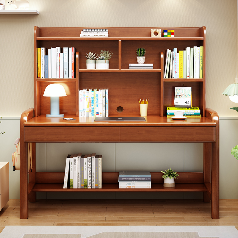 家用儿童学习桌卧室可升降中小学生写字桌全实木带书架简约电脑桌