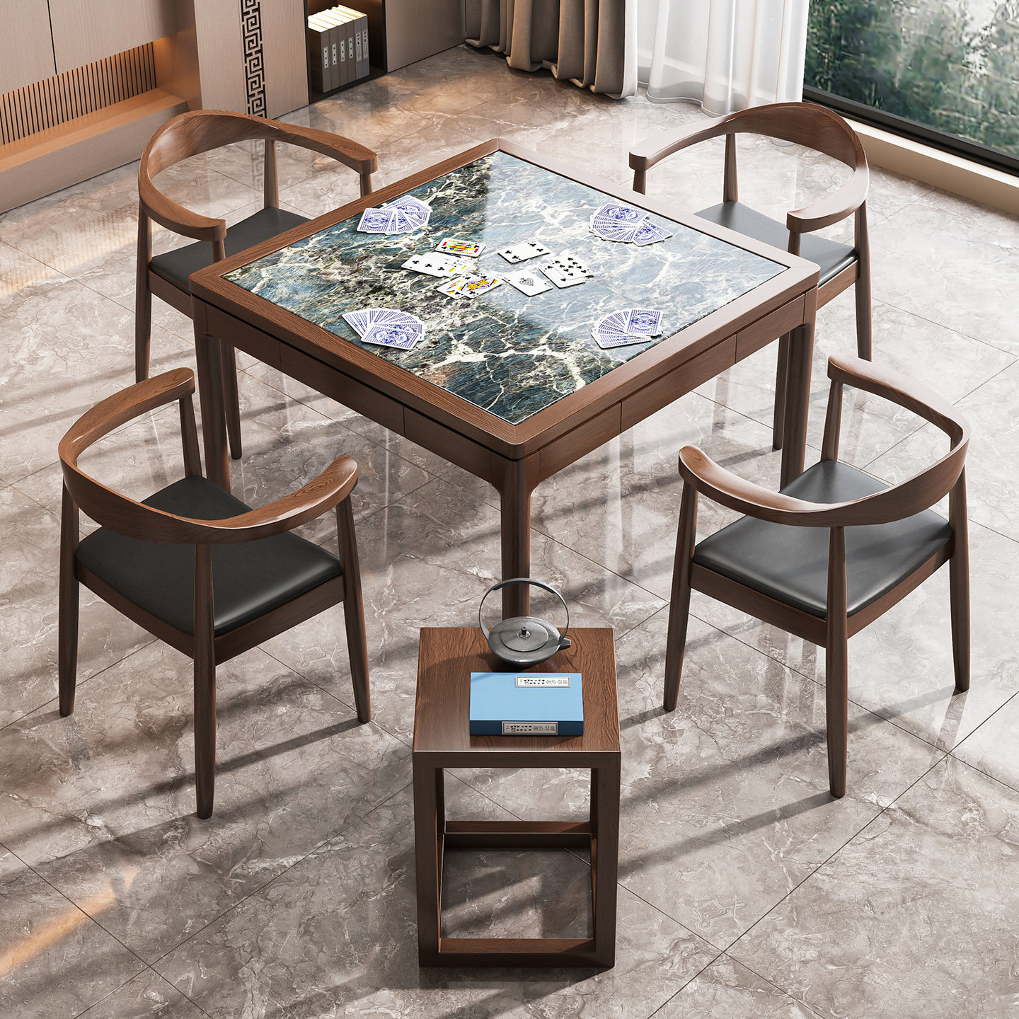 新中式岩板掼蛋专用桌八仙桌实木桌正方形棋牌桌椅组合四方桌餐桌图片