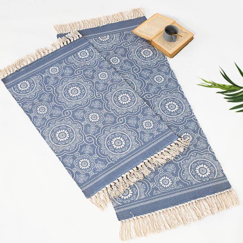 棉线编织入户门垫印花玄关地垫手工打结流苏地垫家用卧室床边毯