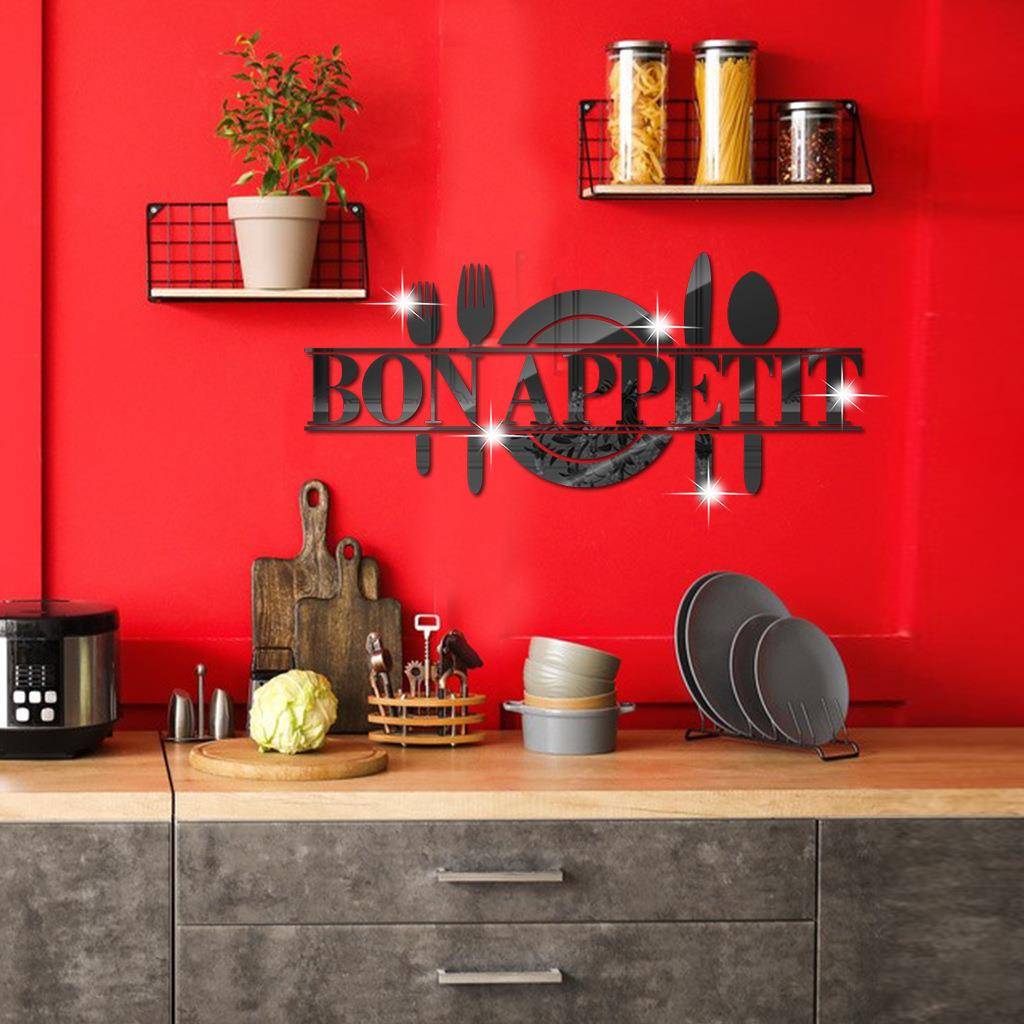 刀叉Bon Appetit亚克力镜子贴纸 SM288自带背胶厨房定 制镜面墙贴