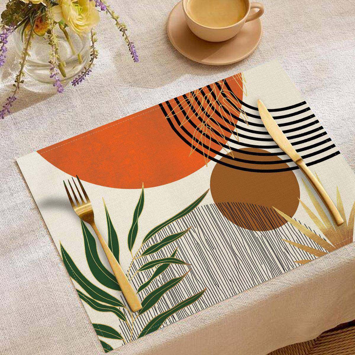 跨境temu热销北欧小众简约餐垫几何印花亚麻防水西餐隔热垫装饰