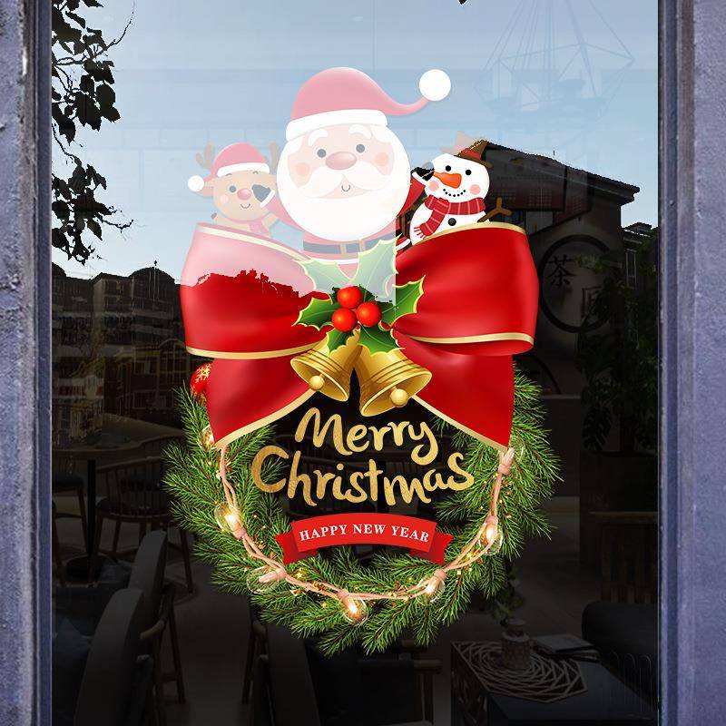 2026圣诞节装饰品店铺橱窗场景布置玻璃门贴纸装扮圆环窗花画窗贴