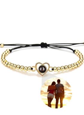 跨境新品爱心串珠投影手链100种语言我爱你高清彩照定 制心形手饰