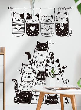 黑白布袋猫卡通儿童房装饰贴画墙贴厂家卧室背景墙贴画46023