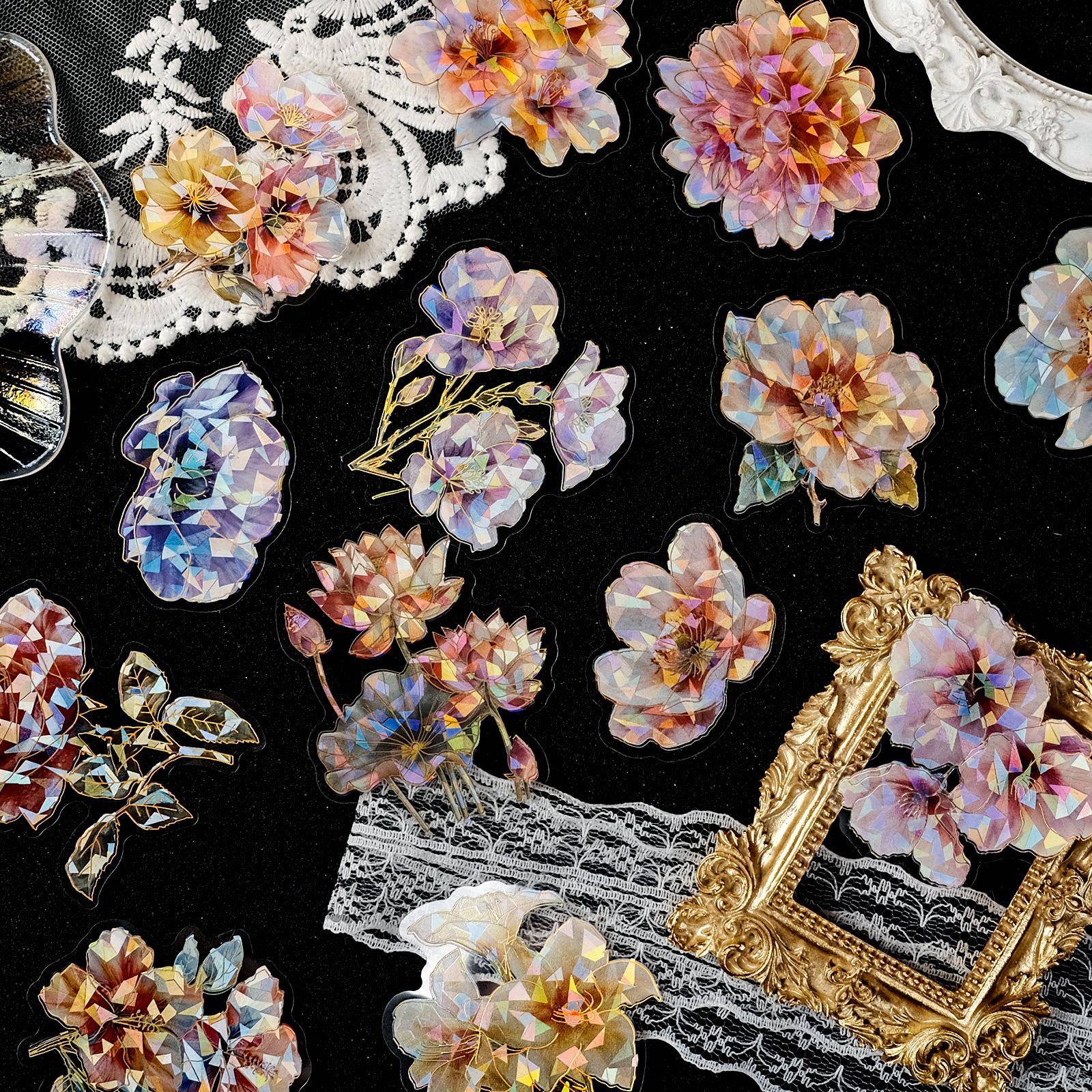 30张复古PET镭射烫金花朵贴纸手帐装饰素材立体花卉炫彩防水贴纸
