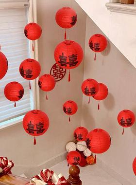 结婚红色喜字灯笼领证拍照道具喜事双囍纸灯笼中式婚礼婚房布置