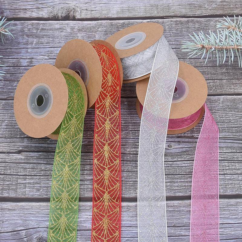 新品圣诞节满版撒粉红金银色装饰丝带圣诞礼盒亮粉彩带扇形纱带