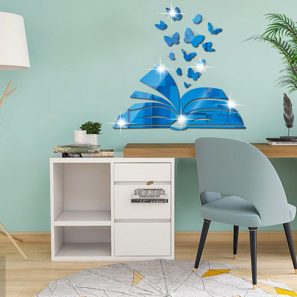 读书角蝴蝶书本镜面贴装饰SM24跨境亚克力书本镜子墙贴