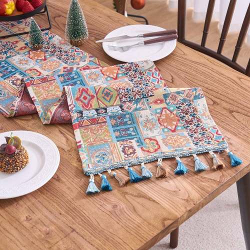 北欧提花红色节日几何桌旗流苏茶旗餐旗长条工厂直供