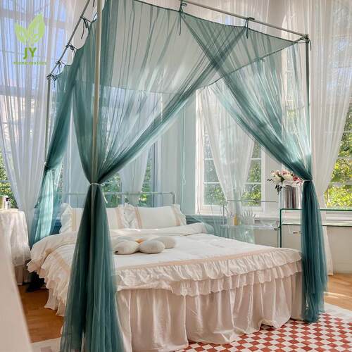 老式架子床绑绳蚊帐三开门落地家用宫廷顶双人床防尘支架不锈钢幔