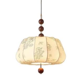 新中式中古床头卧室小吊灯日式侘寂风复古实木餐厅灯花纹布艺吊灯