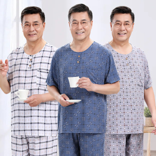 日本品质中老年睡衣男士 休闲宽松两件套家居服大 夏天短袖 棉绸套装