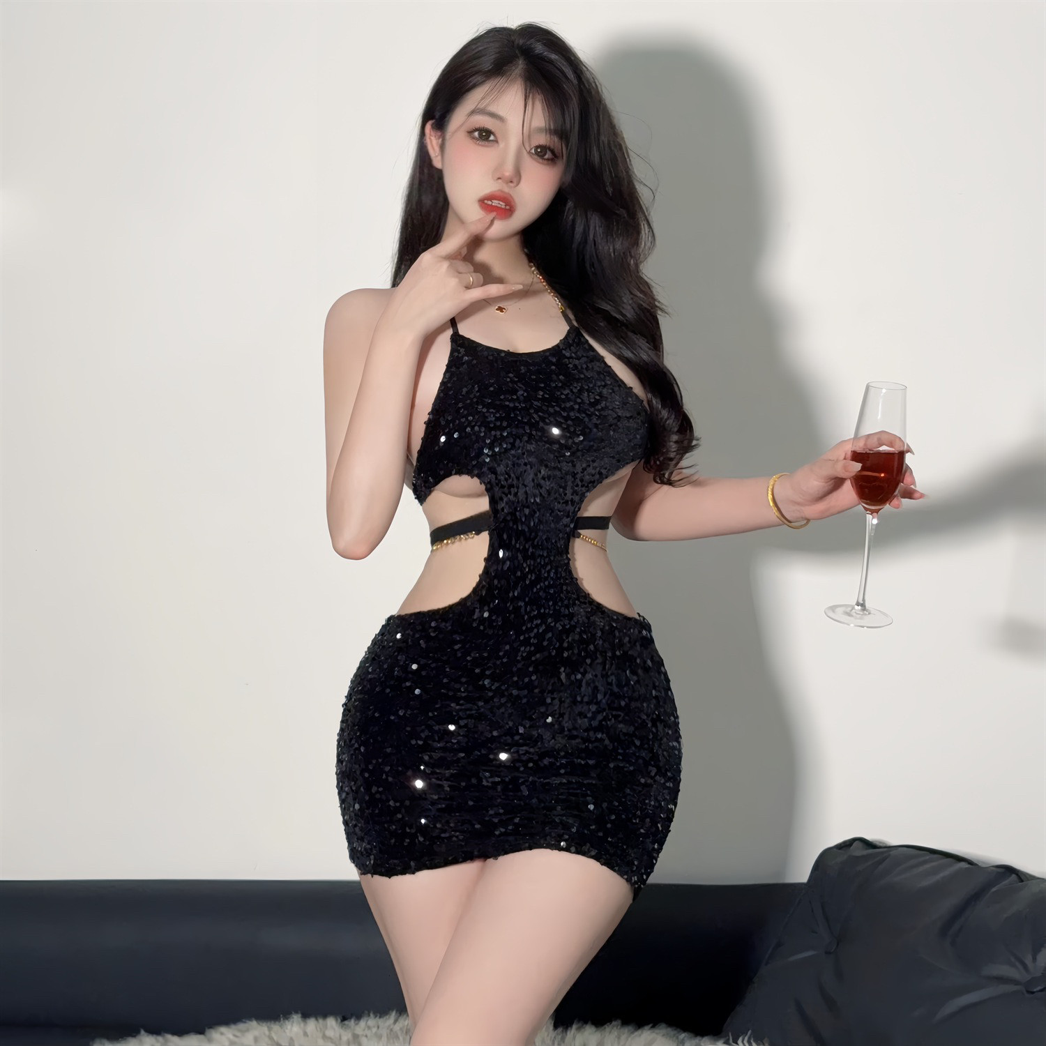 性感睡衣辣妹纯欲吊带挂脖露背夜店修身包臀连衣裙