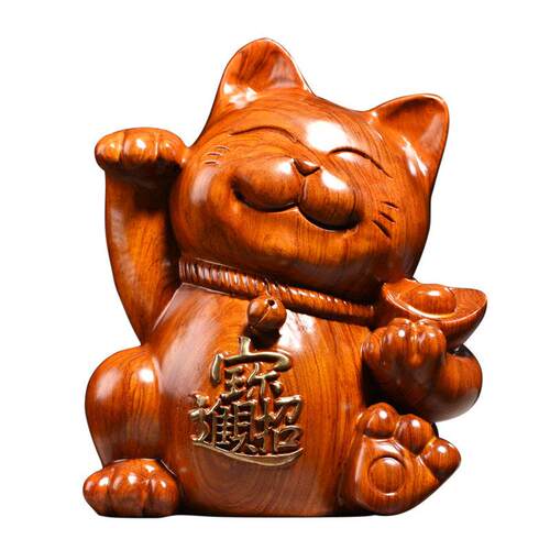 木雕摆件招财猫实木质雕刻家居客厅店铺开业收银台红木头工艺礼品