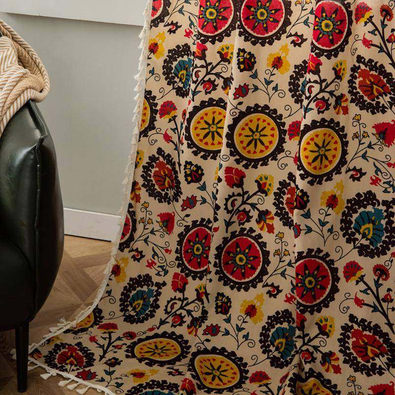 外贸热销太阳花波西米亚民族风棉麻窗帘酒店民宿复古成品窗帘布,居家布艺,成品窗帘,淘宝优惠券,粉丝福利购,淘宝优惠卷