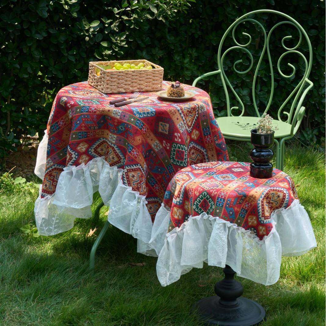 摆摊桌布布艺中式复古红色几何提花蕾丝荷叶边茶几盖布