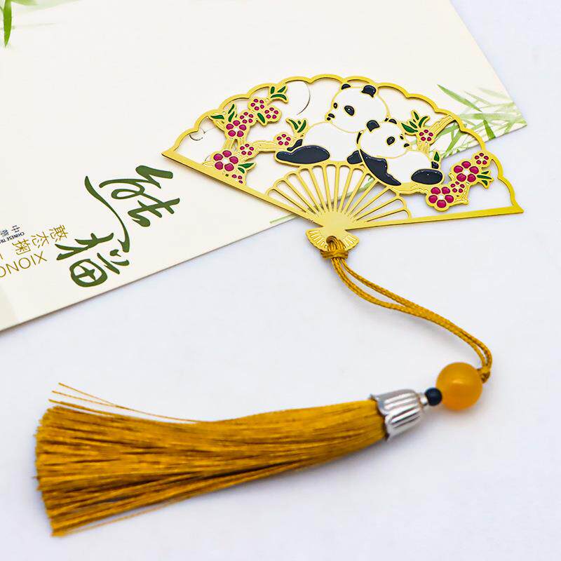 中式古风折扇书签可爱卡通熊猫书签金属镂空文创国潮流苏书签