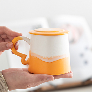 窑变陶瓷杯子水杯家用喝水情侣马克杯带盖咖啡杯茶杯办公室泡茶杯