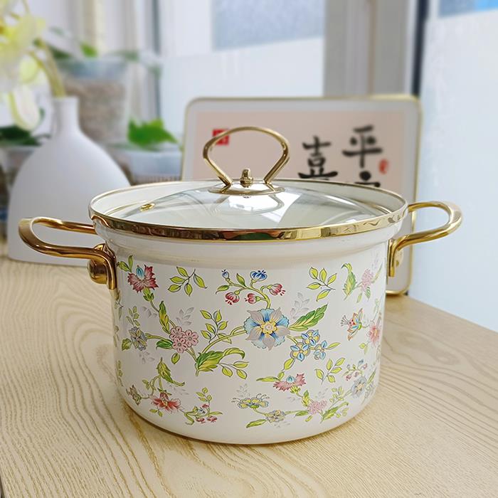 搪瓷防溢汤锅20cm24cm珐琅炖锅高筒锅加高双耳蒸锅燃气灶电磁炉用