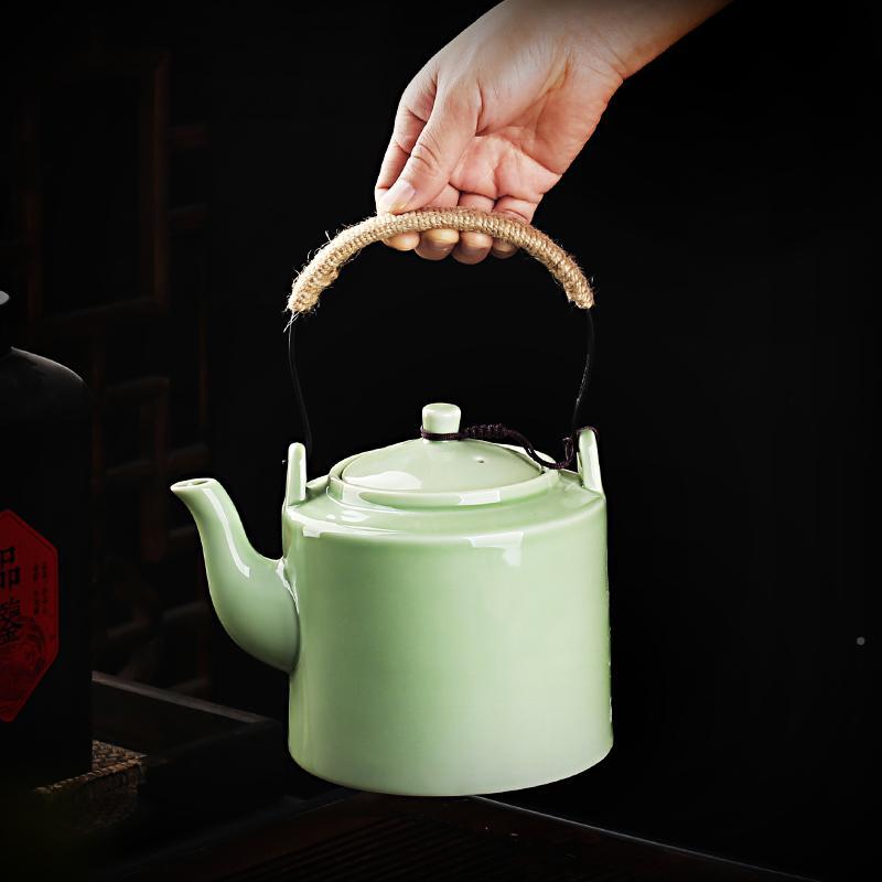 瓷简约容BEH-028量提梁壶草木灰陶瓷泡茶滤壶带青网大1200ml饭厅