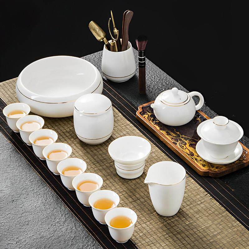 羊脂白瓷套功夫茶具装家用泡茶壶办玉公室茶盖碗茶杯陶白瓷西施瓷