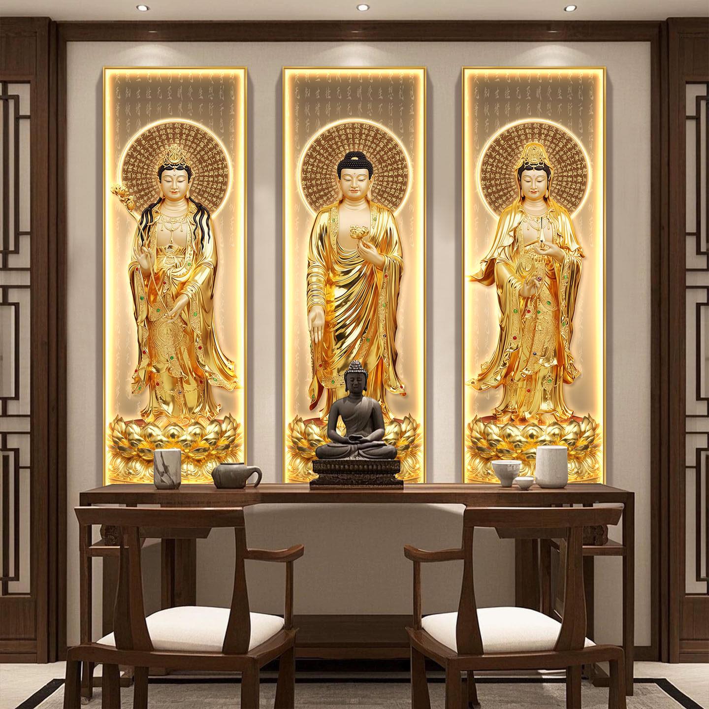 金色西方三圣像挂画心经050910佛家用背供奉接堂引图装佛饰景墙佛