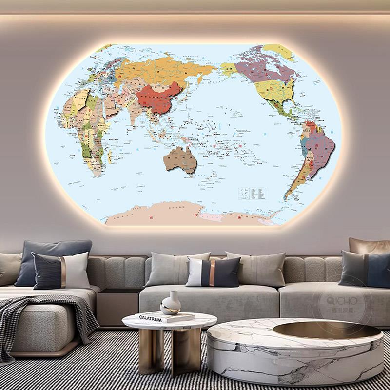 世界中地图客国厅沙发背景墙挂饰办公室饰画 画拼接立体感带灯壁