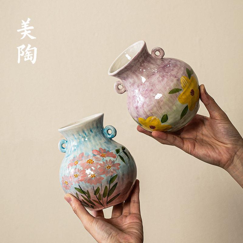 景德插镇陶瓷小众风花瓶培美陶耳手绘双瓶水手绘萌肚花器轻奢客厅