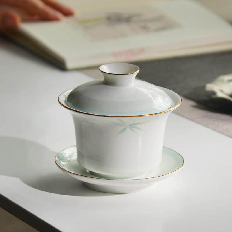 防国瓷骨瓷茶盖碗泡茶碗 三才盖家用大号茶碗碗带盖泡子HGGW烫 青