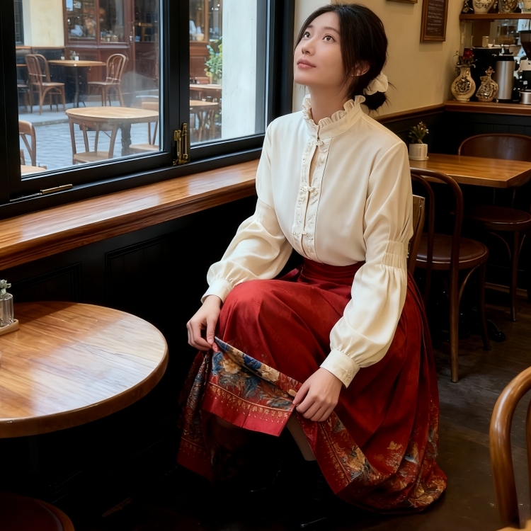 2025新中式立领盘扣衬衫女上衣国风改良刺绣设计感长袖马面裙汉服