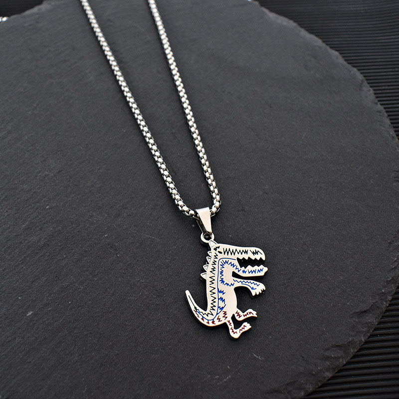 Vintage Metal Dinosaur Pendant Necklace Goth Chain Cute Cart