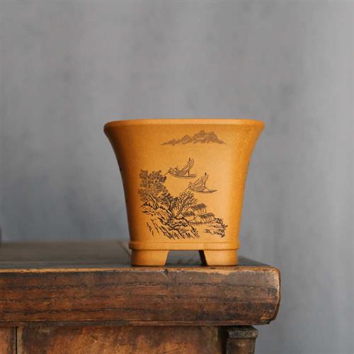 玲珑清贡紫砂花盆名家唯珍手工精品刻绘小四方降坡泥案台桌面绿植
