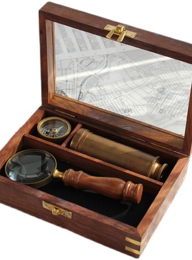 印度进口黄铜复古放大镜望远镜指南针套装木盒手工制怀旧拍摄道具