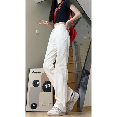 高腰高档白色牛仔裤直筒男款美式hiphop裤子显腿长修身窄版微喇裤