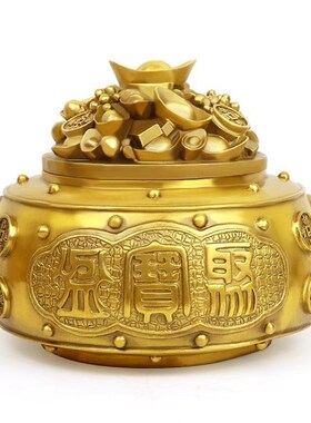极速五路财神聚宝盆纯铜带盖子存钱罐摆件家居客厅财位装饰招财聚