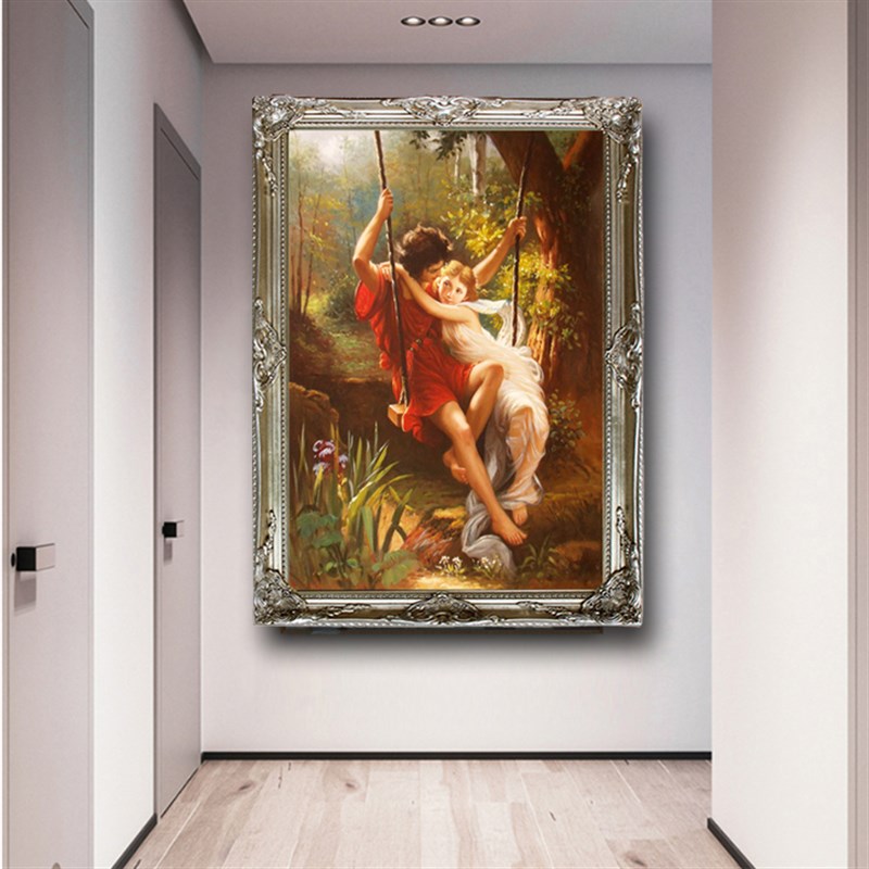 新品手绘希腊装饰画欧式美女恋爱荡秋千油画别墅客厅过道立体玄关图片