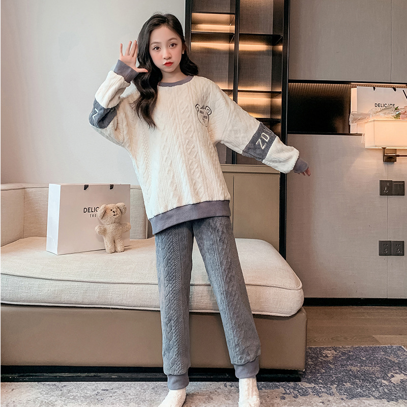 韩版女童法兰绒家居服套装秋冬2023新款儿童睡衣秋装中大童两件套