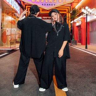 潮服女孩模特走秀时装夏季男童爵士舞服装黑色衬衫现代舞练功服帅