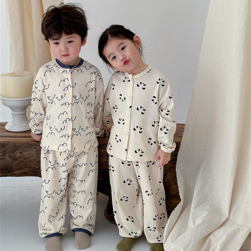 韩国儿童家居服秋季2023男女童华夫格睡衣裤套组宝宝开衫长袖长裤
