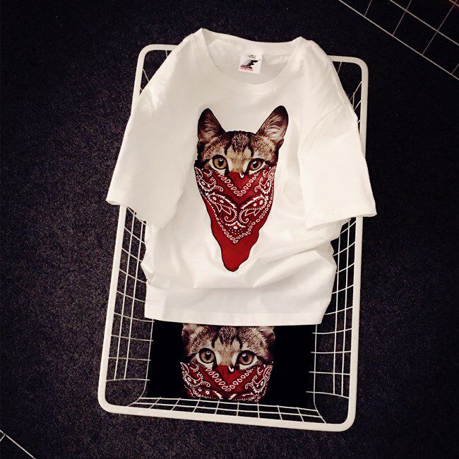 香港潮牌2025简约围巾猫咪短袖T恤潮牌BF风男女款情侣tee闺蜜装潮