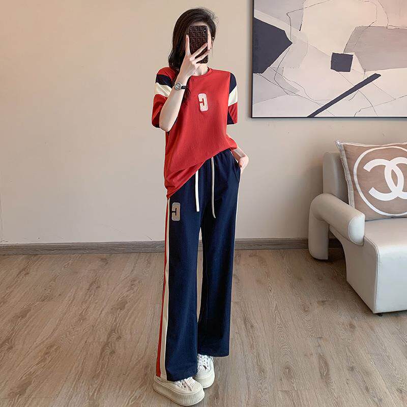欧洲站时尚休闲运动套装女大码2024新款夏跑步服短袖阔腿裤两件套